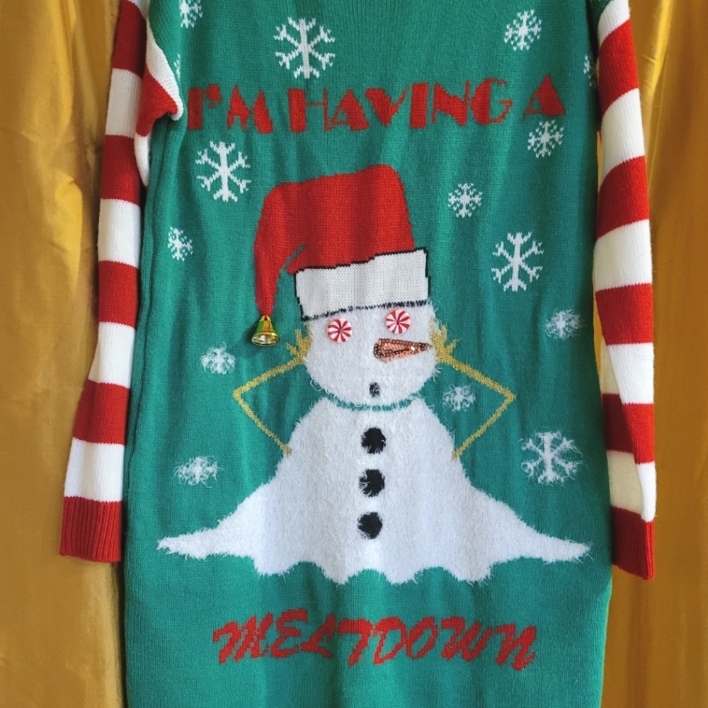 Ugly Christmas Sweater Snowman Meltdown Green Tunic Dress Allison Brittney M
